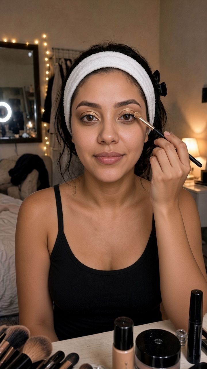 A woman pats shimmer onto her eyelid in front of her phone camera